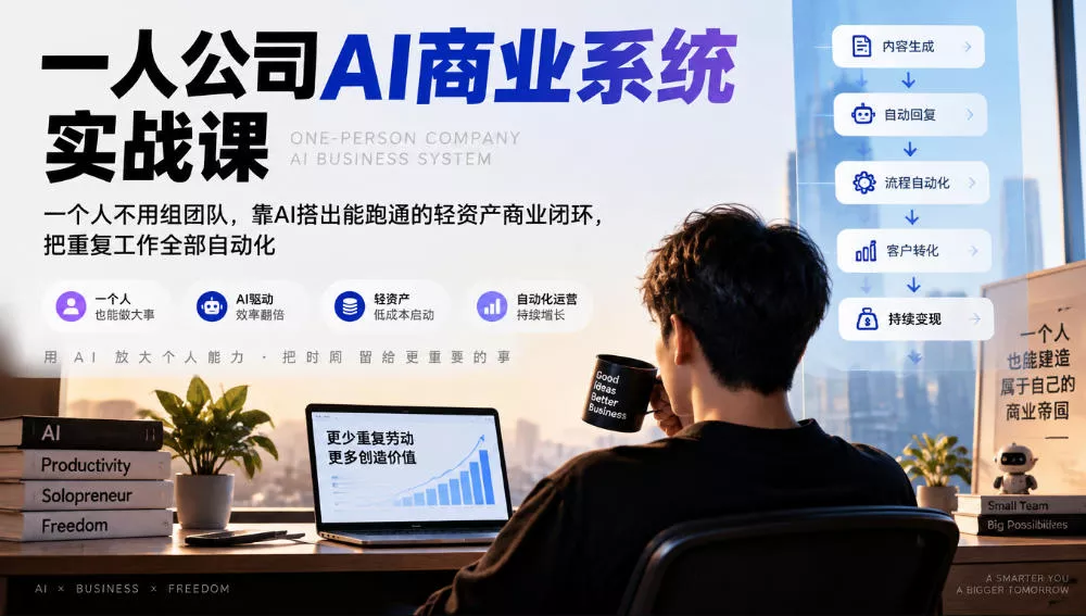 一人公司AI商业系统实战课，一个人不用组团队，靠AI搭出能跑通的轻资产商业闭环，把重复工作全部自动化 一点学习助手-零基础自学教程-副业项目-兴趣学习-网盘拉新平台-英语启蒙项目资源网
