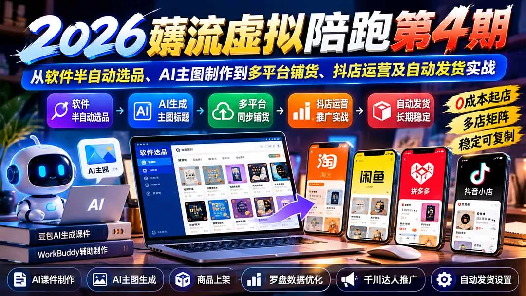 2026薅流虚拟陪跑第4期：从软件半自动选品、AI主图制作到多平台铺货、抖店运营及自动发货实战 一点学习助手-零基础自学教程-副业项目-兴趣学习-网盘拉新平台-英语启蒙项目资源网