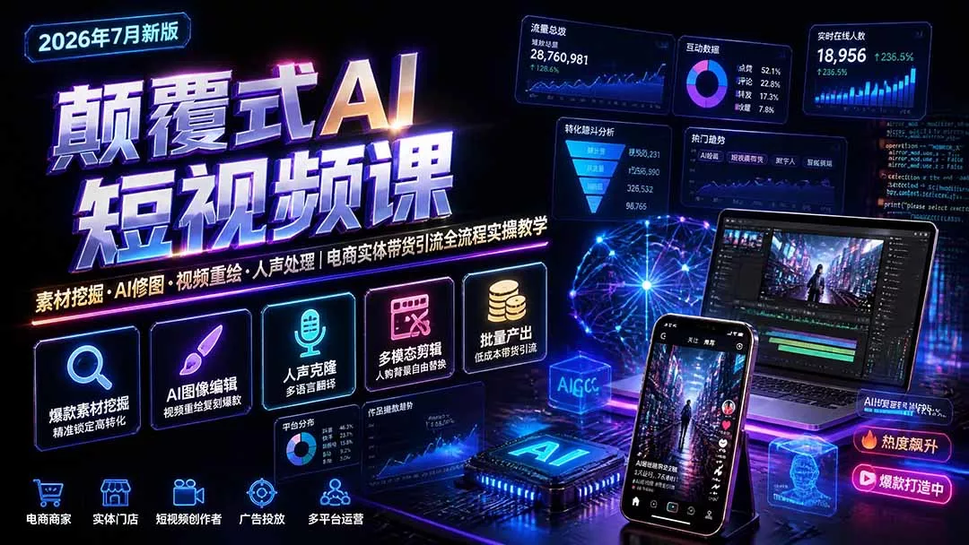 颠覆式AI短视频课-更新｜素材挖掘，AI修图，视频重绘，人声处理｜电商实体带货引流全流程实操教学