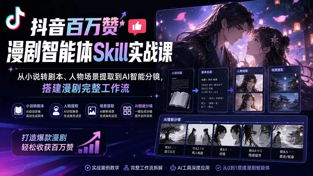 抖音百万赞漫剧智能体Skill实战课：从小说转剧本、人物场景提取到AI智能分镜，搭建漫剧完整工作流 一点学习助手-零基础自学教程-副业项目-兴趣学习-网盘拉新平台-英语启蒙项目资源网