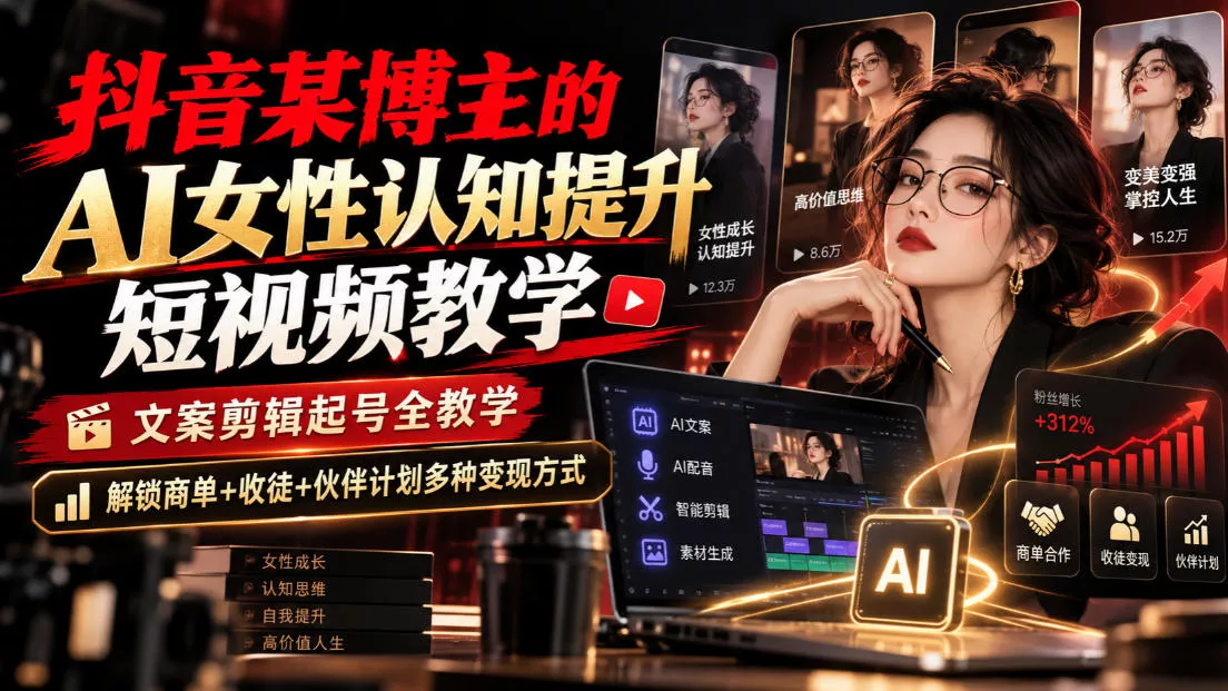 抖音某博主的Ai女性认知提升短视频教学，文案剪辑起号全教学，解锁商单+收徒+伙伴计划多种变现方式 一点学习助手-零基础自学教程-副业项目-兴趣学习-网盘拉新平台-英语启蒙项目资源网