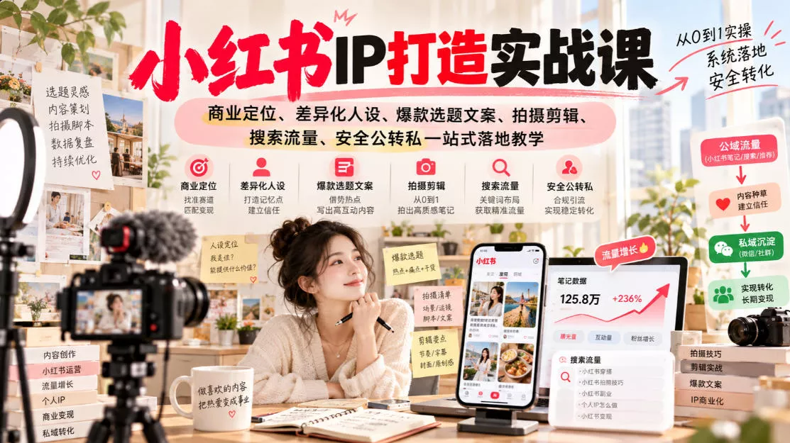 小红书ip打造实战课，商业定位、差异化人设、爆款选题文案、拍摄剪辑、搜索流量、安全公转私一站式落地教学 一点学习助手-零基础自学教程-副业项目-兴趣学习-网盘拉新平台-英语启蒙项目资源网