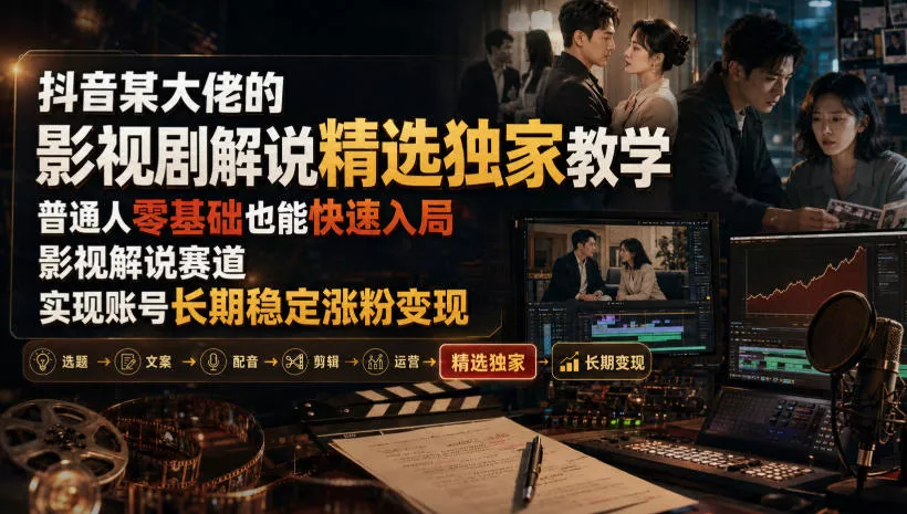 抖音某大佬的影视剧解说精选独家教学，普通人零基础也能快速入局影视解说赛道，实现账号长期稳定变现 一点学习助手-零基础自学教程-副业项目-兴趣学习-网盘拉新平台-英语启蒙项目资源网