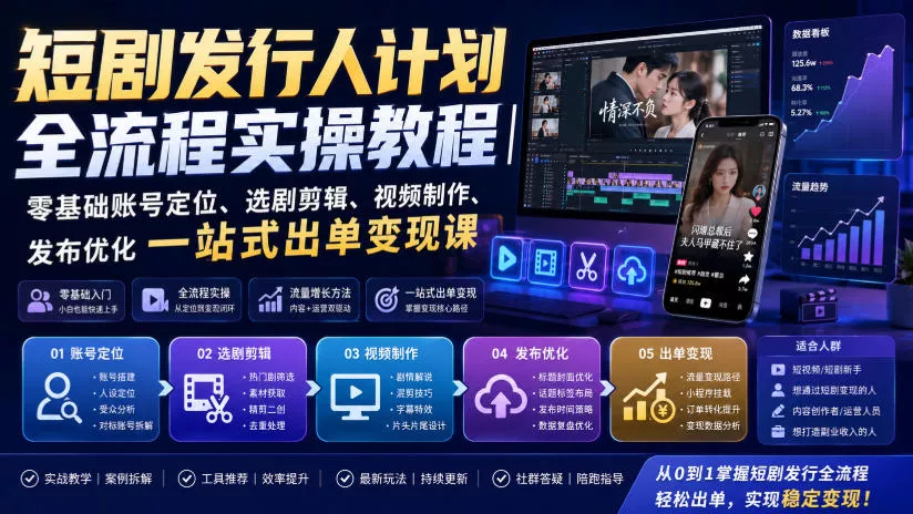 短剧发行人计划全流程实操教程｜零基础账号定位、选剧剪辑、视频制作、发布优化一站式出单变现课 一点学习助手-零基础自学教程-副业项目-兴趣学习-网盘拉新平台-英语启蒙项目资源网