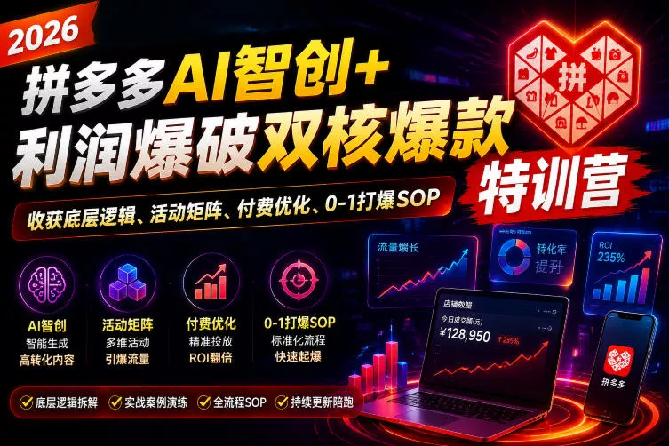 2026拼多多AI智创+利润爆破双核爆款特训营，收获底层逻辑、活动矩阵、付费优化、0-1打爆SOP(更新0810) 一点学习助手-零基础自学教程-副业项目-兴趣学习-网盘拉新平台-英语启蒙项目资源网
