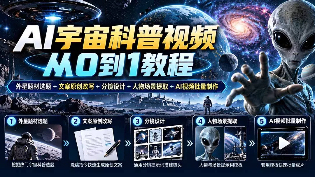 AI宇宙科普视频从0到1教程｜外星题材选题+文案原创改写+分镜设计+人物场景提取+AI视频批量制作 一点学习助手-零基础自学教程-副业项目-兴趣学习-网盘拉新平台-英语启蒙项目资源网