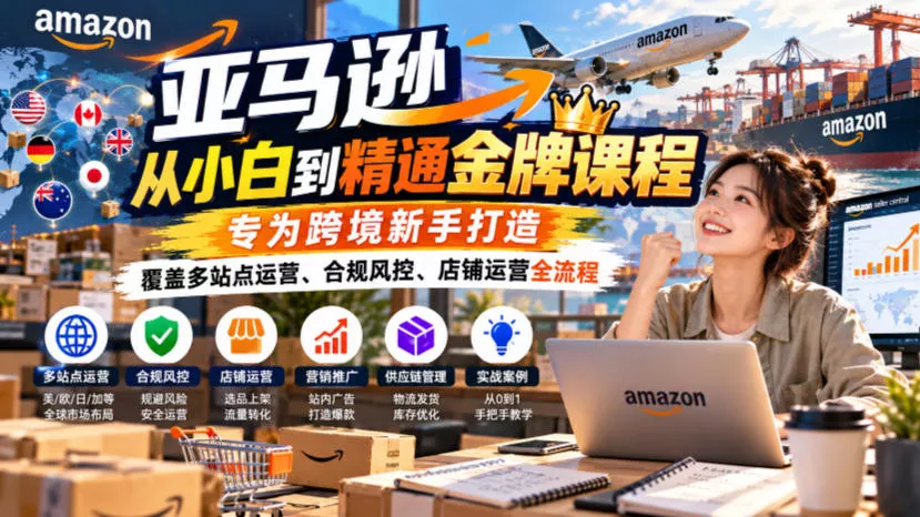 亚马逊从小白到精通金牌课程，专为跨境新手打造，覆盖多站点运营、合规风控、店铺运营全流程 一点学习助手-零基础自学教程-副业项目-兴趣学习-网盘拉新平台-英语启蒙项目资源网