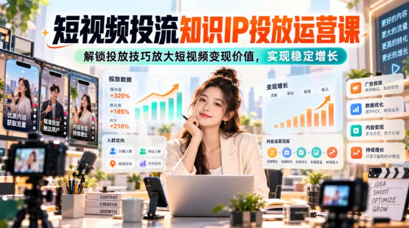 短视频投流知识IP投放运营课，解锁投放技巧放大短视频变现价值，实现稳定增长 一点学习助手-零基础自学教程-副业项目-兴趣学习-网盘拉新平台-英语启蒙项目资源网