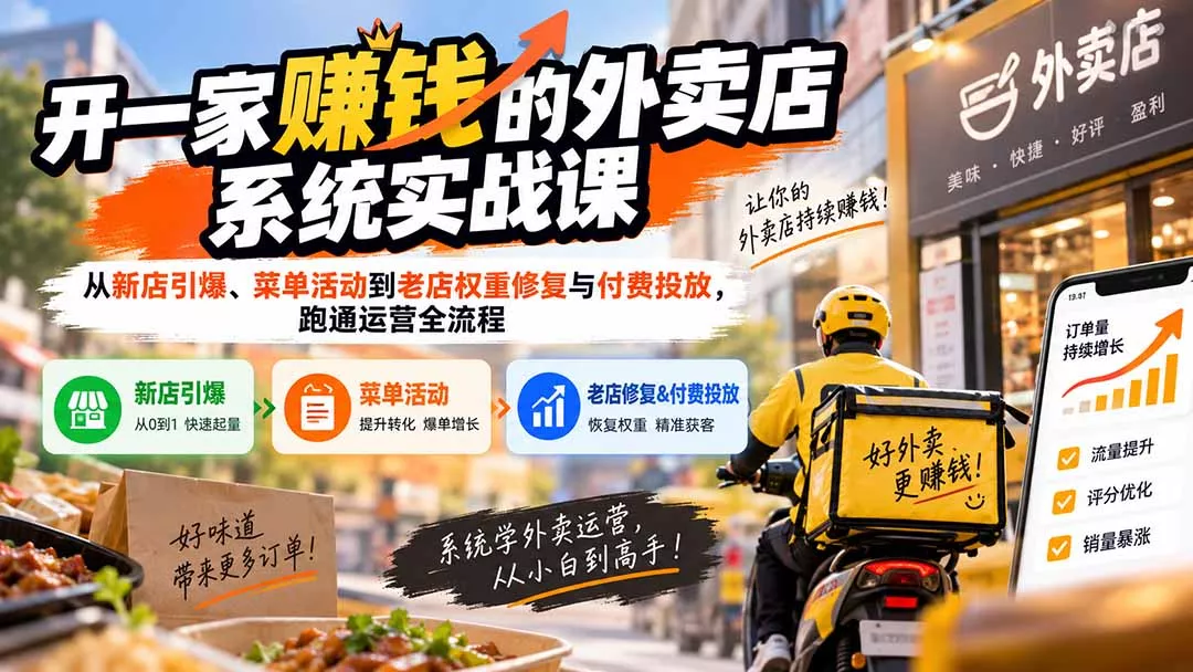开一家赚钱的外卖店系统实战课：从新店引爆、菜单活动到老店权重修复与付费投放，跑通运营全流程 一点学习助手-零基础自学教程-副业项目-兴趣学习-网盘拉新平台-英语启蒙项目资源网