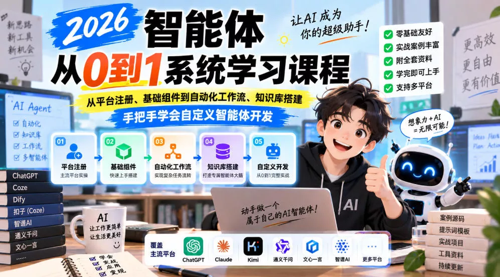2026智能体从0到1系统学习课程，从平台注册、基础组件到自动化工作流、知识库搭建，手把手学会自定义智能体开发 一点学习助手-零基础自学教程-副业项目-兴趣学习-网盘拉新平台-英语启蒙项目资源网
