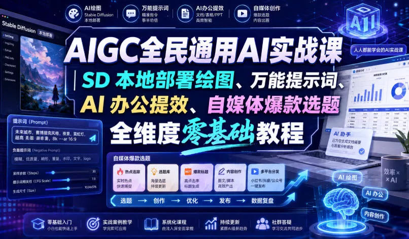 AIGC全民通用AI实战课｜SD本地部署绘图、万能提示词、AI办公提效、自媒体爆款选题全维度零基础教程 一点学习助手-零基础自学教程-副业项目-兴趣学习-网盘拉新平台-英语启蒙项目资源网