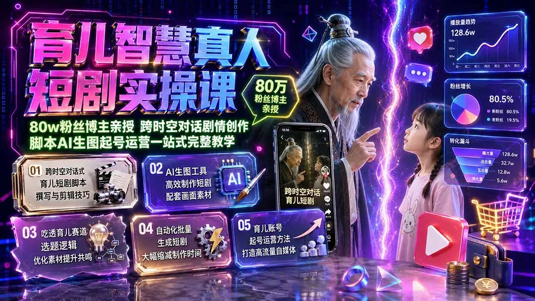 育儿智慧真人短剧实操课｜80w粉丝博主亲授，跨时空对话剧情创作，脚本AI生图起号运营一站式完整教学 一点学习助手-零基础自学教程-副业项目-兴趣学习-网盘拉新平台-英语启蒙项目资源网