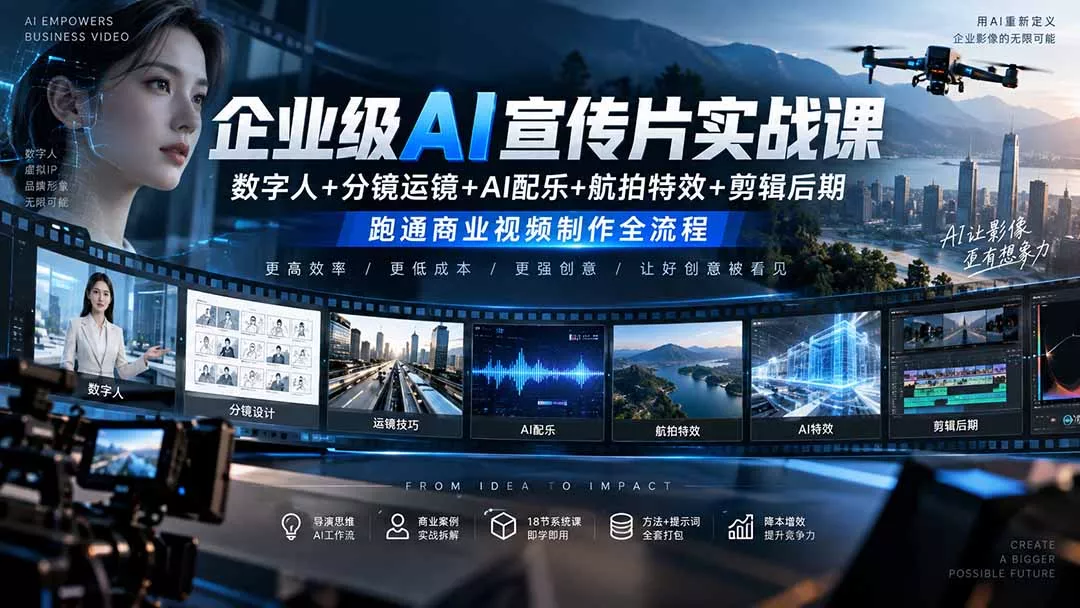 企业级AI宣传片实战课｜数字人+分镜运镜+AI配乐+航拍特效+剪辑后期，跑通商业视频制作全流程