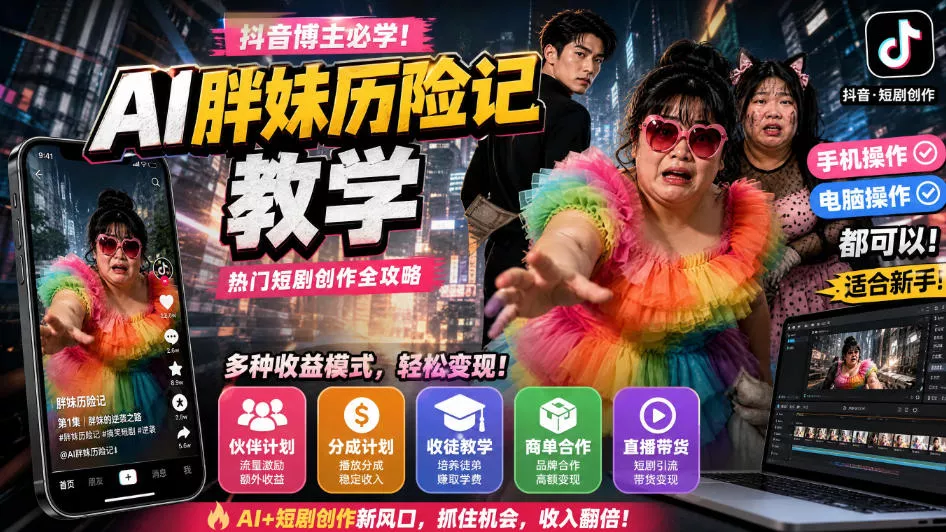 抖音博主的AI胖妹历险记教学，伙伴计划+分成计划+收徒+商单等多种收益，适合新手，手机电脑都可以操作 一点学习助手-零基础自学教程-副业项目-兴趣学习-网盘拉新平台-英语启蒙项目资源网