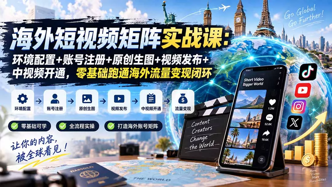 海外短视频矩阵实战课：环境配置+账号注册+原创生图+视频发布+中视频开通，零基础跑通海外流量变现闭环 一点学习助手-零基础自学教程-副业项目-兴趣学习-网盘拉新平台-英语启蒙项目资源网