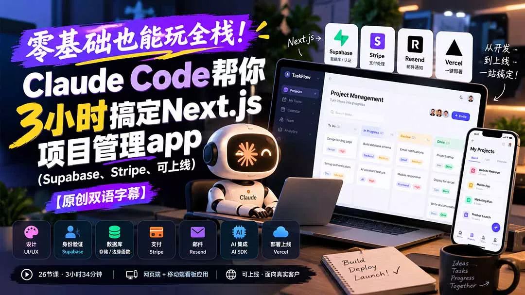零基础也能玩全栈！Claude Code帮你3小时搞定Next.js项目管理app(Supabase、Stripe、可上线 一点学习助手-零基础自学教程-副业项目-兴趣学习-网盘拉新平台-英语启蒙项目资源网