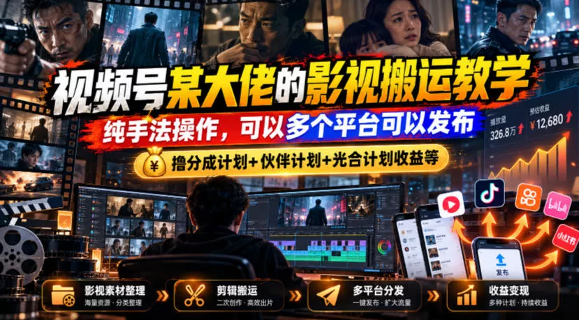 视频号某大佬的影视搬运教学，纯手法操作，可以多个平台可以发布，撸分成计划+伙伴计划+光合计划收益等 一点学习助手-零基础自学教程-副业项目-兴趣学习-网盘拉新平台-英语启蒙项目资源网