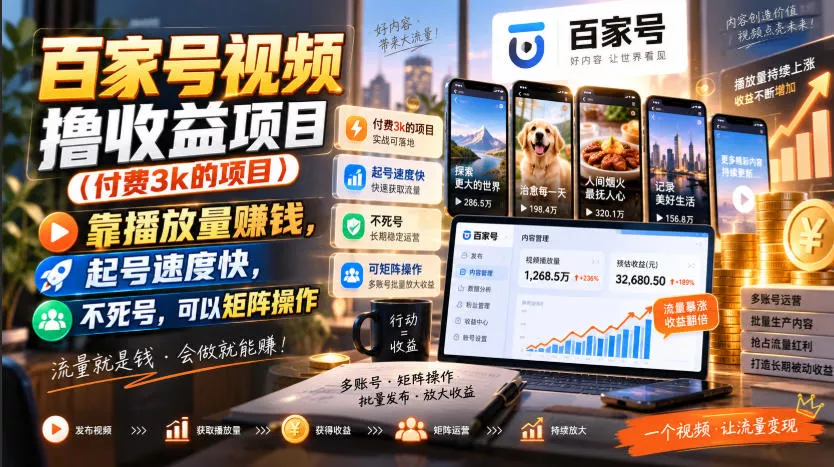 百家号视频撸收益项目(付费3k的项目)，靠播放量賺钱，起号速度快，不死号，可以矩阵操作 一点学习助手-零基础自学教程-副业项目-兴趣学习-网盘拉新平台-英语启蒙项目资源网