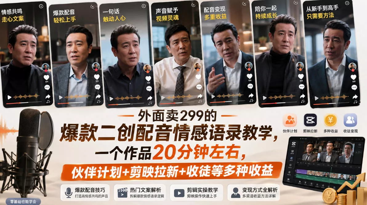 外面卖299的爆款二创配音情感语录教学，一个作品20分钟左右，伙伴计划+剪映拉新+收徒等多种收益 一点学习助手-零基础自学教程-副业项目-兴趣学习-网盘拉新平台-英语启蒙项目资源网