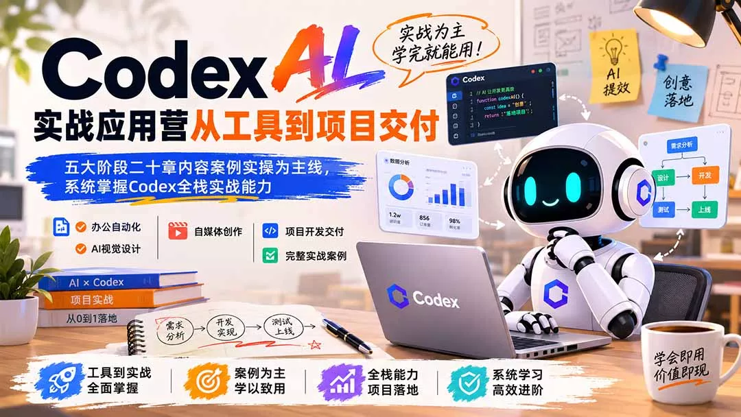Codex AI实战应用营从工具到项目交付；五大阶段二十章内容案例实操为主线，系统掌握Codex全栈实战能力 一点学习助手-零基础自学教程-副业项目-兴趣学习-网盘拉新平台-英语启蒙项目资源网