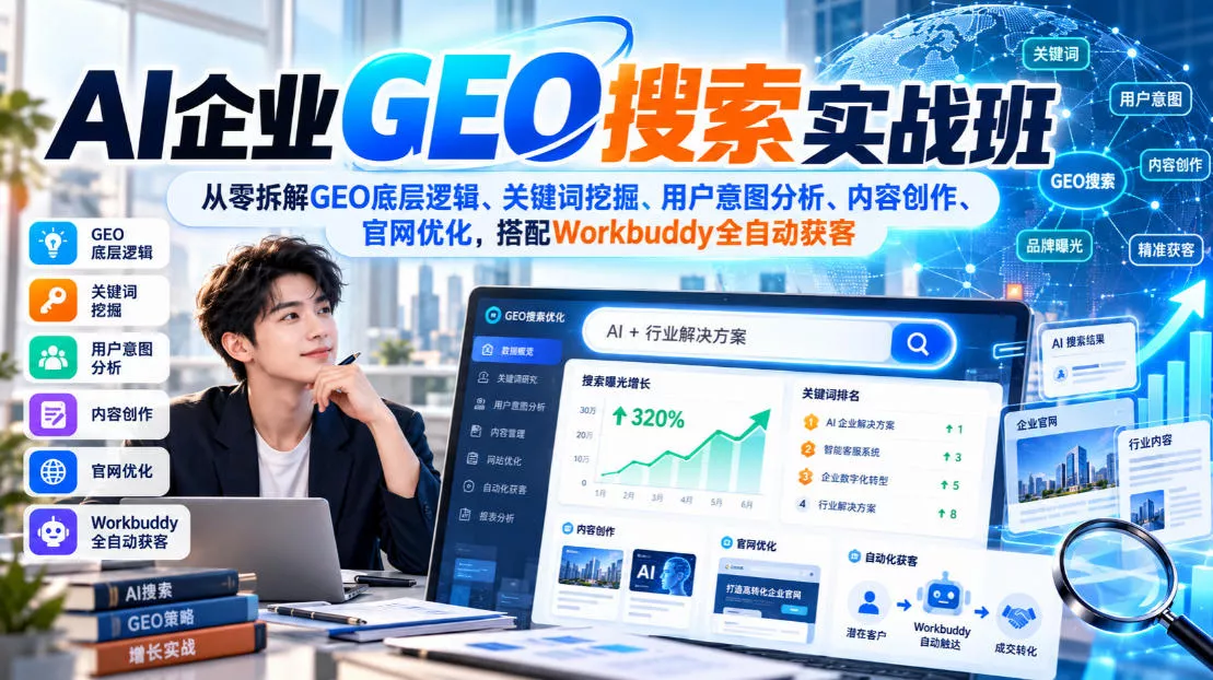 AI企业GEO搜索实战班，从零拆解GEO底层逻辑、关键词挖掘、用户意图分析、内容创作、官网优化，搭配Workbuddy全自动获客 一点学习助手-零基础自学教程-副业项目-兴趣学习-网盘拉新平台-英语启蒙项目资源网