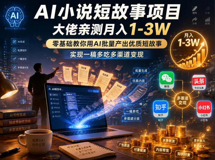 AI小说短故事项目，大佬亲测月入1-3W，零基础教你用AI批量产出优质短故事，实现一稿多吃多渠道变现(更新0910) 一点学习助手-零基础自学教程-副业项目-兴趣学习-网盘拉新平台-英语启蒙项目资源网