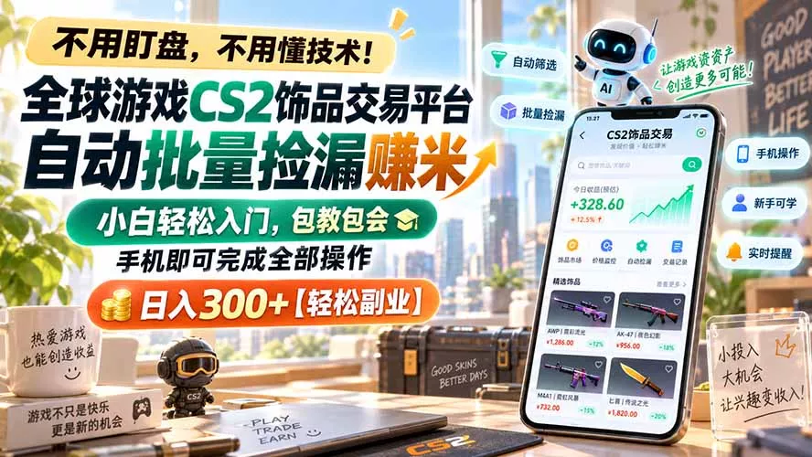 全球游戏CS2饰品交易平台自动批量捡漏赚米，小白轻松入门，包教包会，手机即可完成全部操作，日入300+【轻松副业】 一点学习助手-零基础自学教程-副业项目-兴趣学习-网盘拉新平台-英语启蒙项目资源网