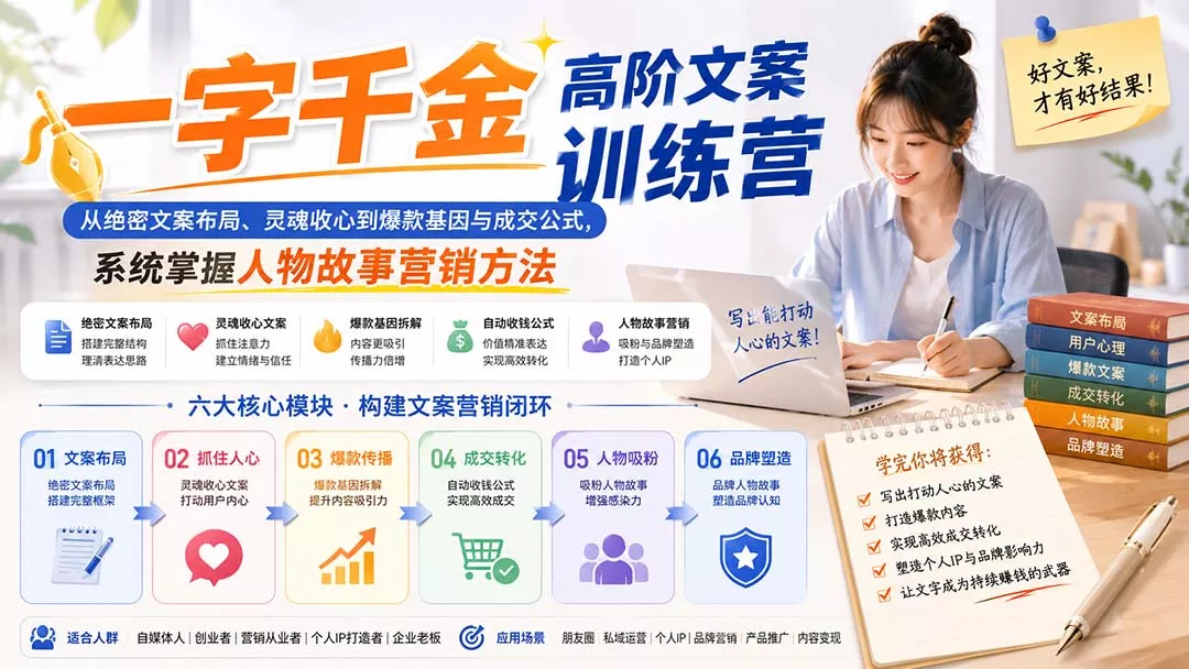 一字千金高阶文案训练营：从绝密文案布局、灵魂收心到爆款基因与成交公式，系统掌握人物故事营销方法