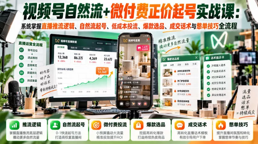 视频号自然流+微付费正价起号实战课：系统掌握直播推流逻辑、自然流起号、低成本投流、爆款选品、成交话术与憋单技巧全流程 一点学习助手-零基础自学教程-副业项目-兴趣学习-网盘拉新平台-英语启蒙项目资源网