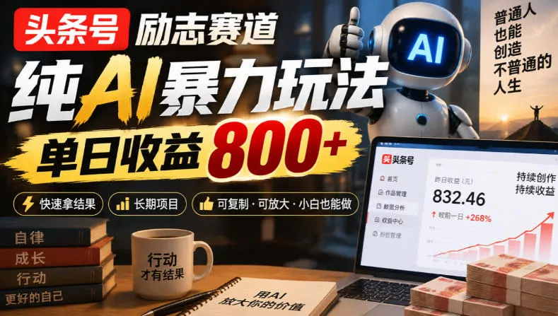 头条号励志赛道，纯AI暴力玩法，单日收益800+，快速拿结果，长期项目 一点学习助手-零基础自学教程-副业项目-兴趣学习-网盘拉新平台-英语启蒙项目资源网
