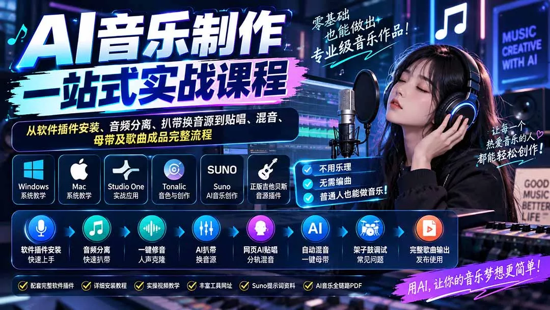 AI音乐制作一站式实战课程：从软件插件安装、音频分离、扒带换音源到贴唱、混音、母带及歌曲成品完整流程 一点学习助手-零基础自学教程-副业项目-兴趣学习-网盘拉新平台-英语启蒙项目资源网