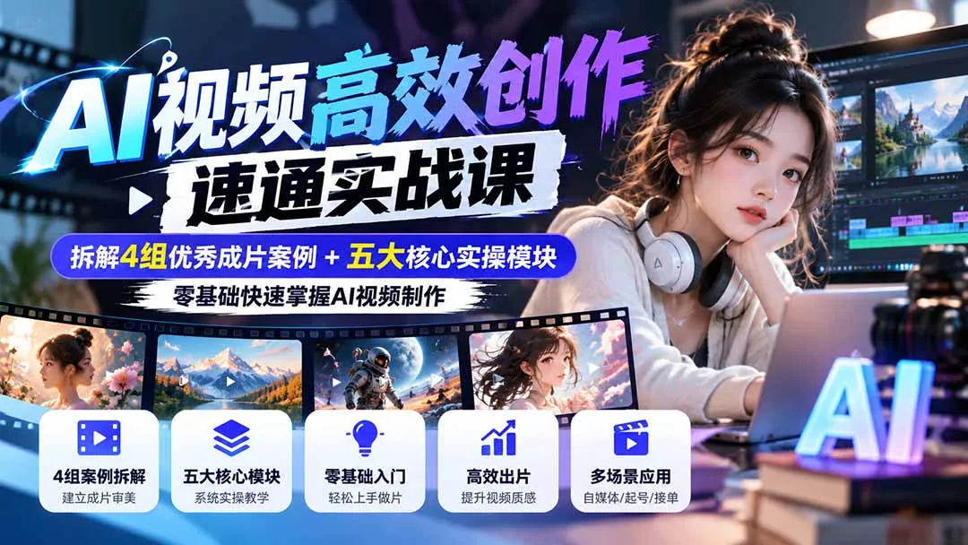 【无水印】AI视频高效创作速通实战课：拆解4组优秀成片案例+五大核心实操模块，零基础快速掌握AI视频制作 一点学习助手-零基础自学教程-副业项目-兴趣学习-网盘拉新平台-英语启蒙项目资源网