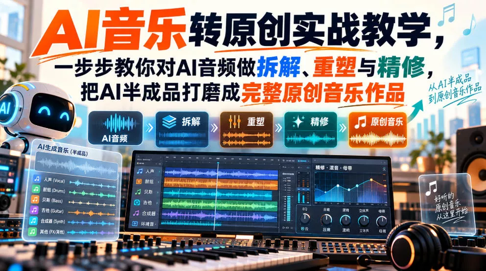 AI音乐转原创实战教学，一步步教你对AI音频做拆解、重塑与精修，把AI半成品打磨成完整原创音乐作品 一点学习助手-零基础自学教程-副业项目-兴趣学习-网盘拉新平台-英语启蒙项目资源网