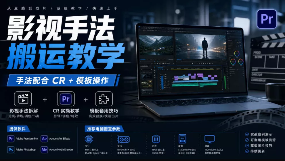 影视手法搬运教学，手法配合CR+模板操作，需要电脑，提供软件+配置参数 一点学习助手-零基础自学教程-副业项目-兴趣学习-网盘拉新平台-英语启蒙项目资源网