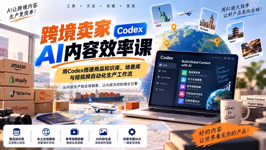 跨境卖家AI内容效率课：用Codex搭建商品知识库、场景库与短视频自动化生产工作流 一点学习助手-零基础自学教程-副业项目-兴趣学习-网盘拉新平台-英语启蒙项目资源网