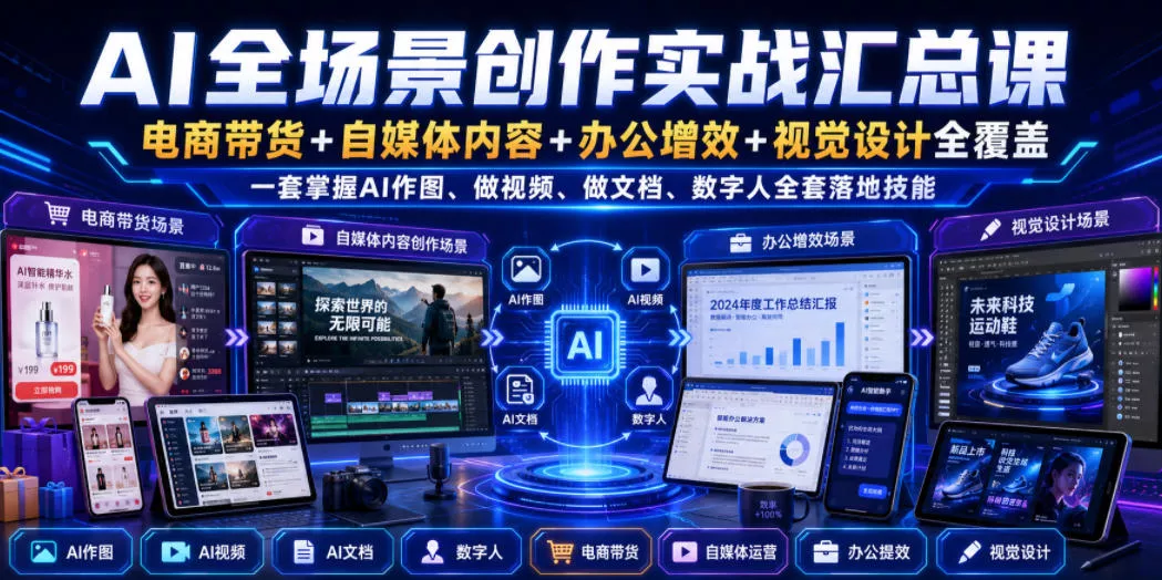 AI全场景创作实战汇总课｜电商带货+自媒体内容+办公增效+视觉设计全覆盖，一套掌握AI作图、做视频、做文档、数字人全套落地技能 一点学习助手-零基础自学教程-副业项目-兴趣学习-网盘拉新平台-英语启蒙项目资源网