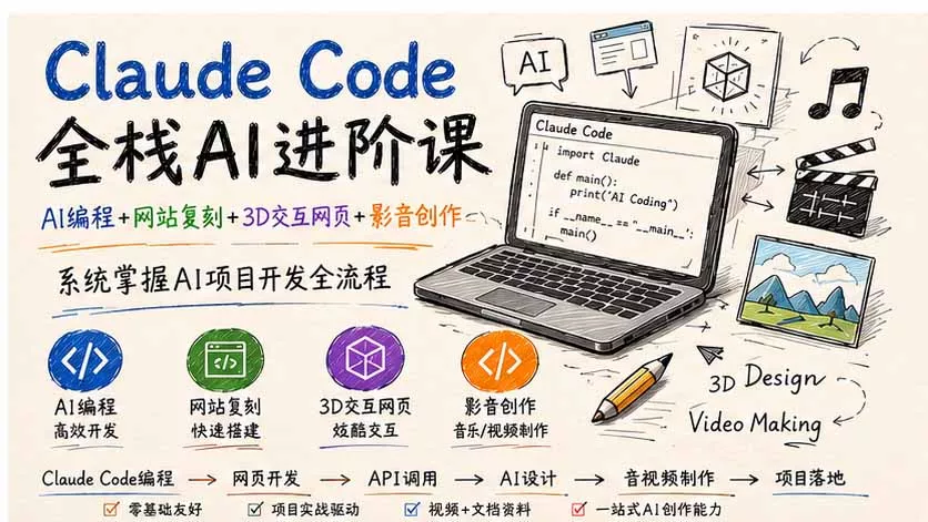 Claude Code全栈AI进阶课；AI编程+网站复刻+3D交互网页+影音创作，系统掌握AI项目开发全流程 一点学习助手-零基础自学教程-副业项目-兴趣学习-网盘拉新平台-英语启蒙项目资源网