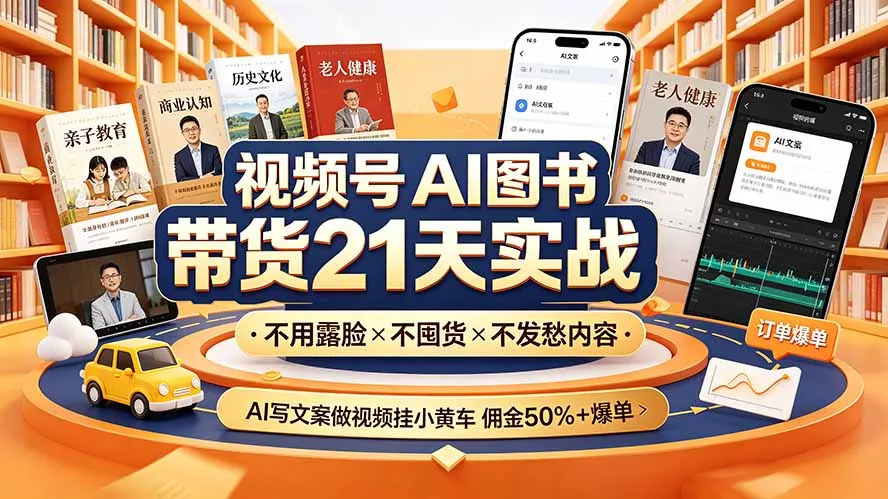 视频号AI图书带货21天实战：不用露脸×不囤货×不发愁内容，AI写文案做视频挂小黄车，佣金50%+爆单 一点学习助手-零基础自学教程-副业项目-兴趣学习-网盘拉新平台-英语启蒙项目资源网