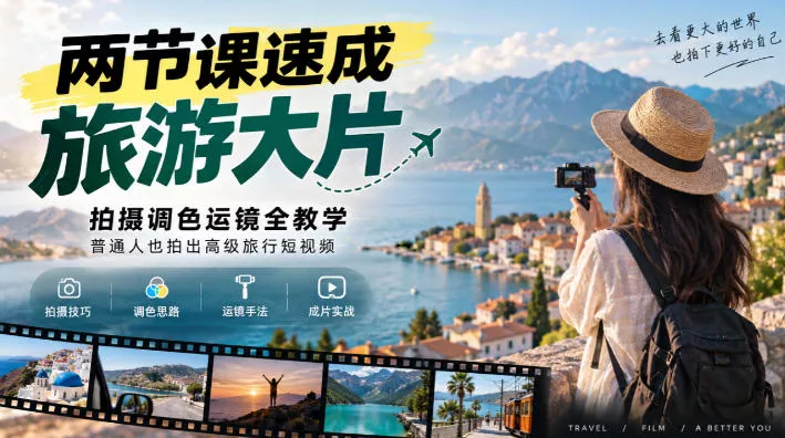 两节课速成旅游大片｜拍摄调色运镜全教学，普通人也拍出高级旅行短视频 一点学习助手-零基础自学教程-副业项目-兴趣学习-网盘拉新平台-英语启蒙项目资源网