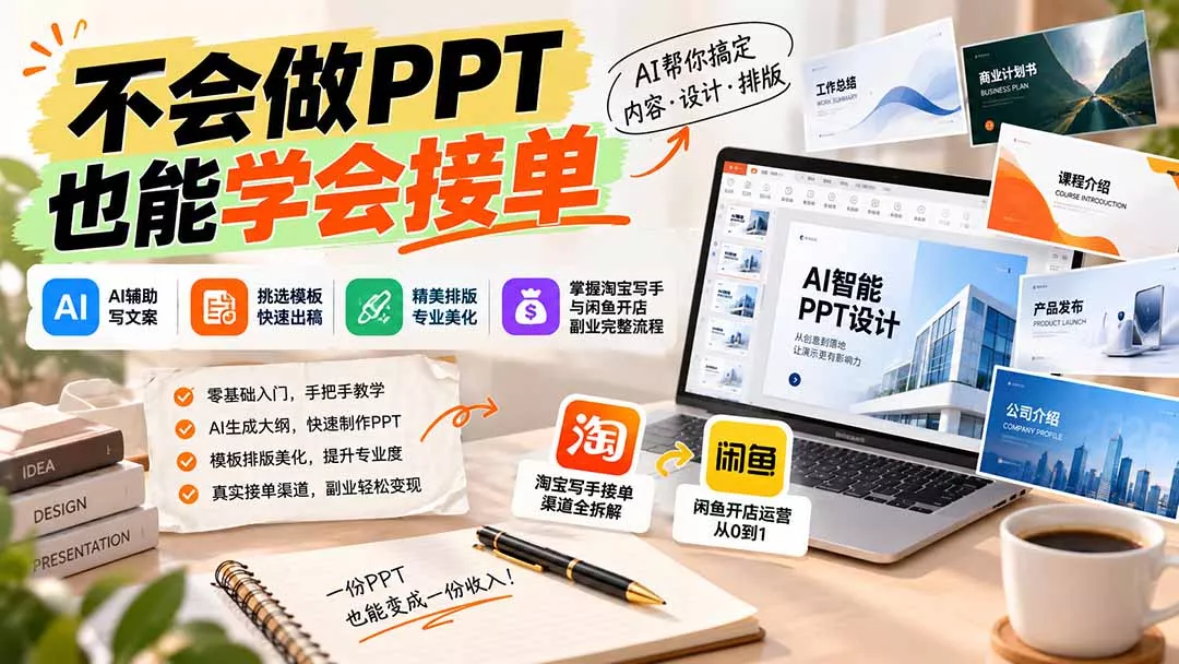 不会做PPT也能学会接单：AI辅助写文案、挑模板、做排版，掌握淘宝写手与闲鱼开店副业完整流程 一点学习助手-零基础自学教程-副业项目-兴趣学习-网盘拉新平台-英语启蒙项目资源网