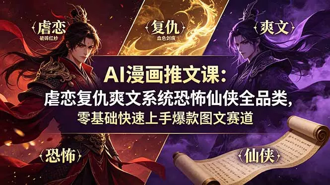 AI漫画推文课：虐恋复仇爽文系统恐怖仙侠全品类，零基础快速上手爆款图文赛道 一点学习助手-零基础自学教程-副业项目-兴趣学习-网盘拉新平台-英语启蒙项目资源网
