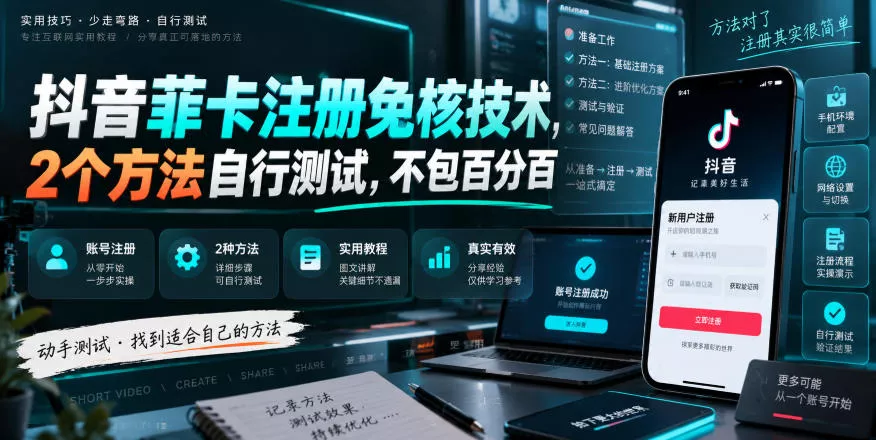 抖音菲卡注册免核技术，2个方法自行测试，不包百分百 一点学习助手-零基础自学教程-副业项目-兴趣学习-网盘拉新平台-英语启蒙项目资源网