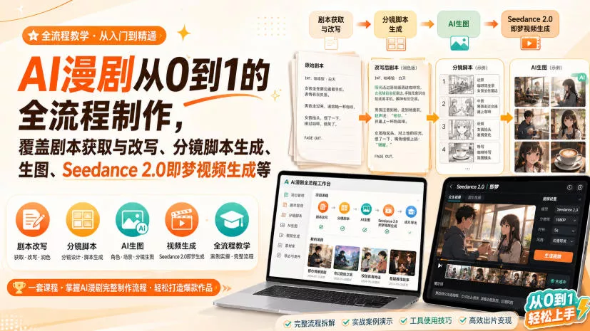 AI漫剧从0到1的全流程制作，覆盖剧本获取与改写、分镜脚本生成、角色场景生图与三视图、Seedance 2.0即梦视频生成(PDF版) 一点学习助手-零基础自学教程-副业项目-兴趣学习-网盘拉新平台-英语启蒙项目资源网