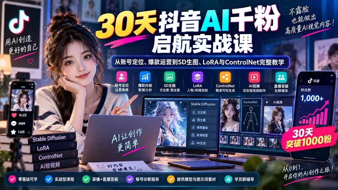 30天抖音AI千粉启航实战课：从账号定位、爆款运营到SD生图、LoRA与ControlNet完整教学