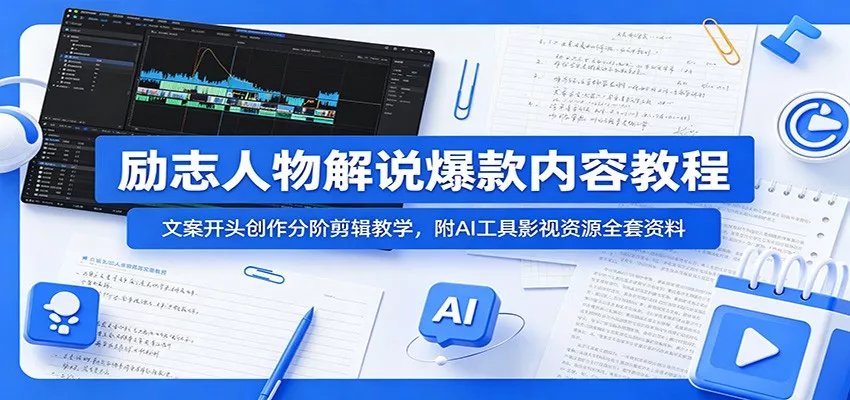 励志人物解说爆款内容教程：文案开头创作分阶剪辑教学，附AI 工具影视资源全套资料 一点学习助手-零基础自学教程-副业项目-兴趣学习-网盘拉新平台-英语启蒙项目资源网