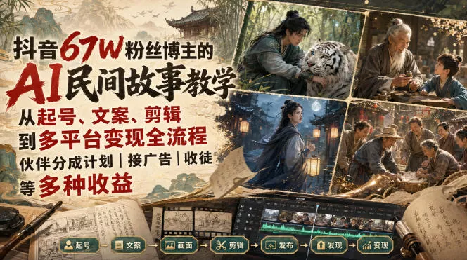 抖音67W粉丝博主的AI民间故事教学，从起号、文案、剪辑到多平台变现全流程，伙伴分成计划接广告等多种收益，月入1W+ 一点学习助手-零基础自学教程-副业项目-兴趣学习-网盘拉新平台-英语启蒙项目资源网