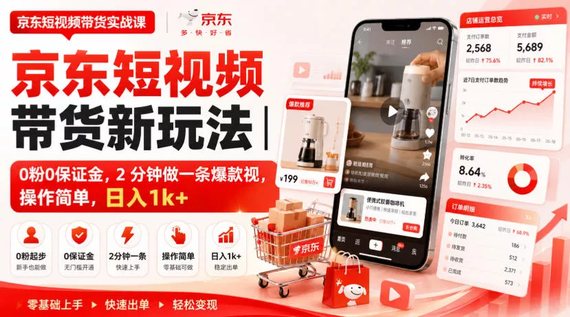 京东短视频带货新玩法｜0粉0保证金，2分钟做一条爆款视，操作简单，日入1k+【揭秘】 一点学习助手-零基础自学教程-副业项目-兴趣学习-网盘拉新平台-英语启蒙项目资源网
