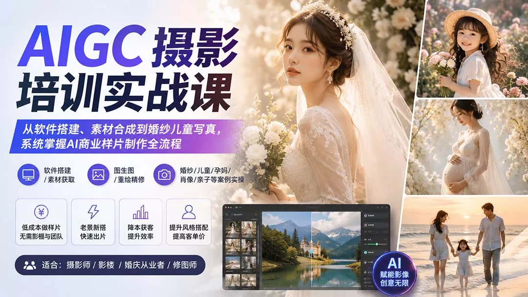 AIGC摄影培训实战课：从软件搭建、素材合成到婚纱儿童写真，系统掌握AI商业样片制作全流程