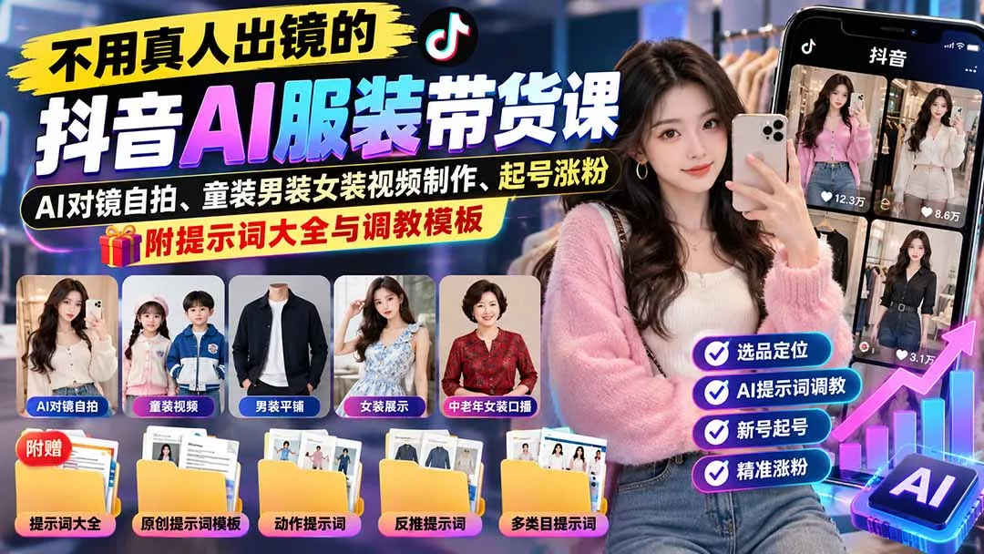 不用真人出镜的抖音AI服装带货课：AI对镜自拍、童装男装女装视频制作、起号涨粉，附提示词大全与调教模板 一点学习助手-零基础自学教程-副业项目-兴趣学习-网盘拉新平台-英语启蒙项目资源网