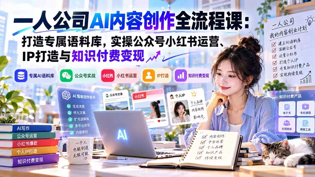 一人公司AI内容创作全流程课：打造专属语料库，实操公众号小红书运营、IP打造与知识付费变现方法论 一点学习助手-零基础自学教程-副业项目-兴趣学习-网盘拉新平台-英语启蒙项目资源网